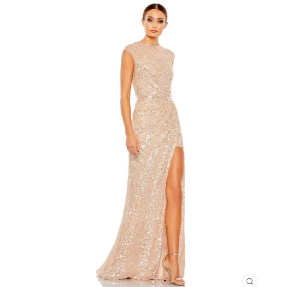 EMBELLISHED ILLUSION HIGH NECK CAP SLEEVE GOWN Size 12 COLOR —Nude New With Tags